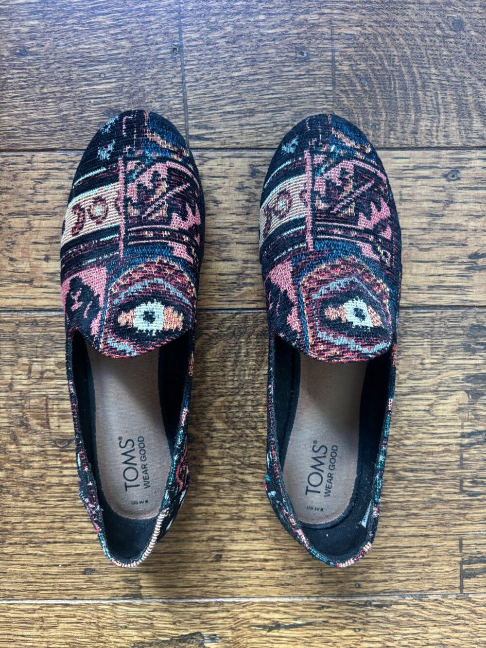 TOMS Women's Slip-On Flat, Black Patchwork Global Woven